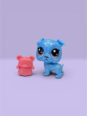 Littlest Pet Shop LPS Blue Sparkle Bulldog S-4 with Bear Accessory.